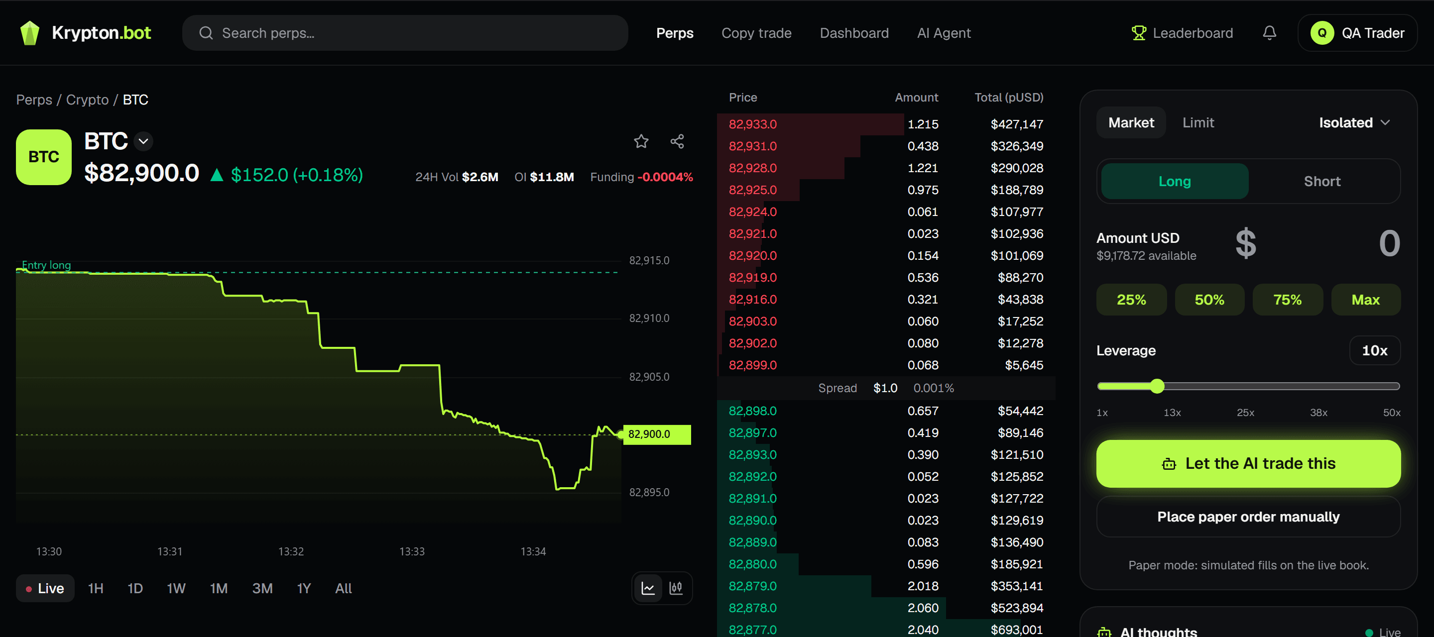 The Krypton.Bot trade screen: live BTC chart, order book, order ticket and the AI agent panel